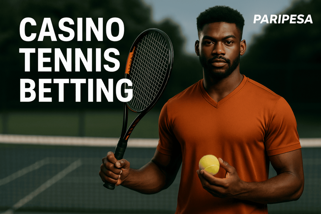 Casino tennis betting with player holding racket and ball on court