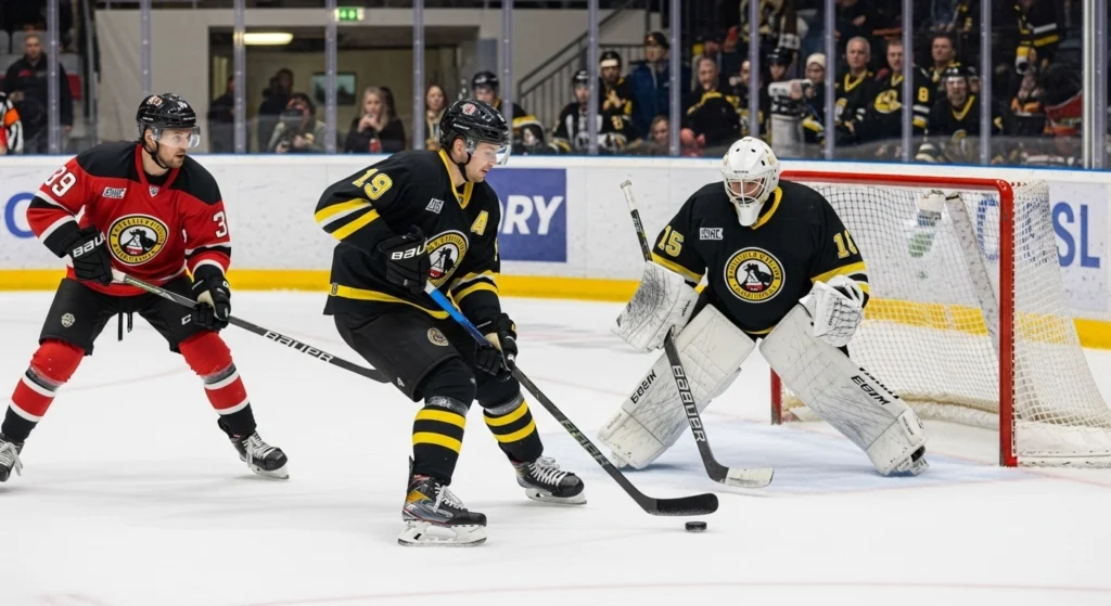 Ice hockey match action near the goal - perfect for ice hockey betting