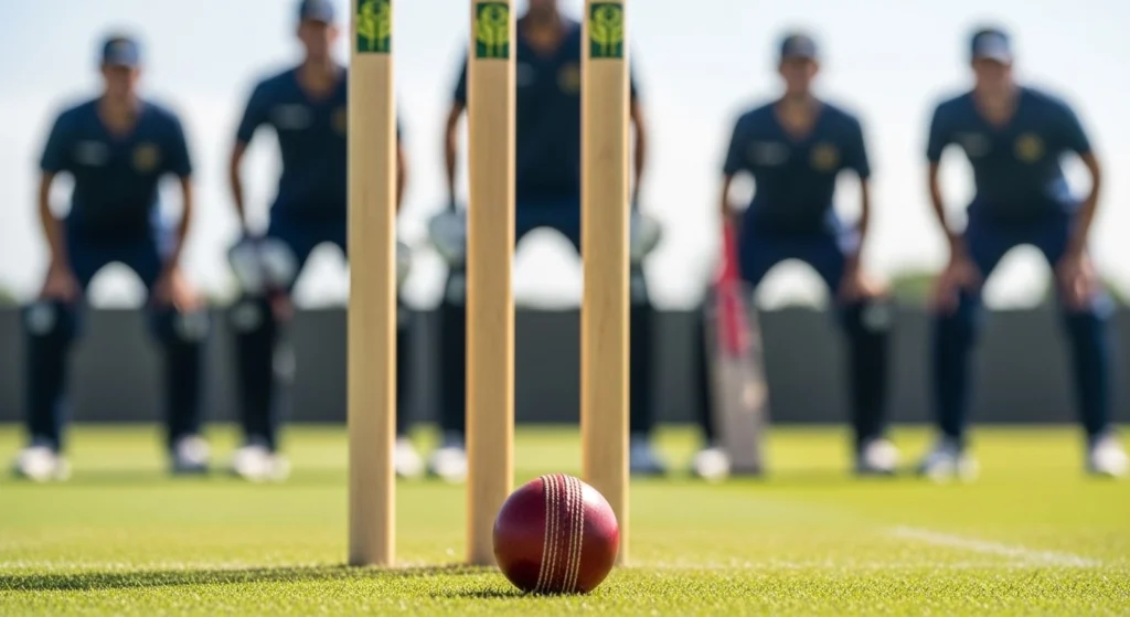 Cricket ball near stumps with players in background — cricket betting scene.