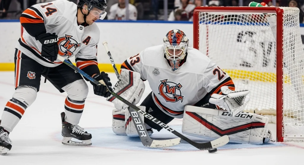 Two professional ice hockey players in action near the goal during a match - perfect illustration for ice hockey betting enthusiasts.