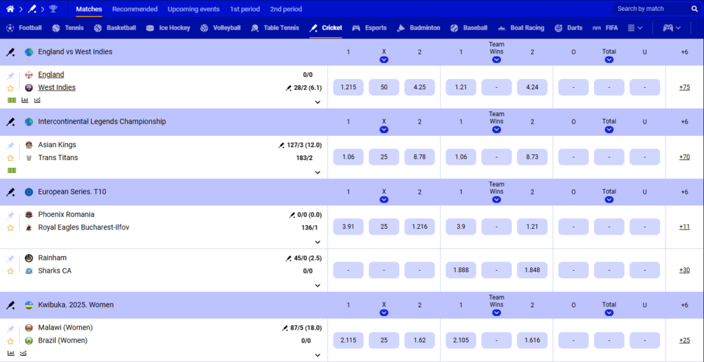 Cricket betting odds and live match listings