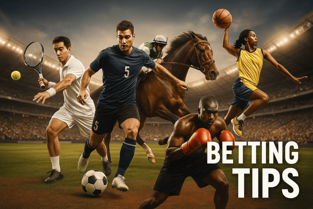 Five athletes in action from various sports under stadium lights with "Betting Tips" text.